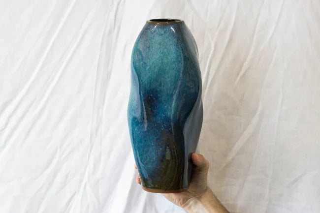 Hand crafted stoneware vase green and blue
